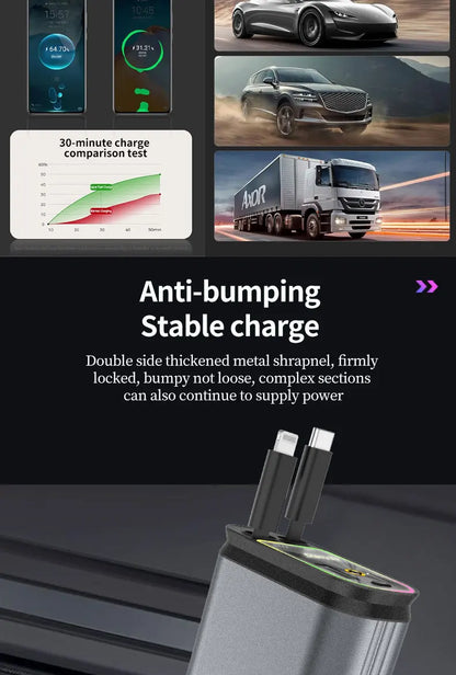 4-in-1 PD30W Car Fast Charger USB Type-C Power Adapter Retractable Phone Charger With Roof Starlight For IOS Android Phones