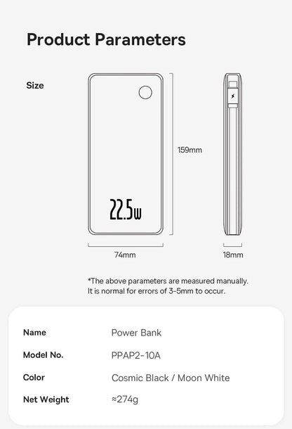 Baseus 22.5W Power Bank 10000mAh with Two Built-in Cables PD Fast Charging For iPhone 15 Pro Max, Charge 4 Devices at Once