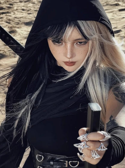 Punk Metal Nail Cover Bone Ring Gothic Rock Machinery Manicure Fingertip Ring Multilayer Finger Rings Cosplay Jewelry Set Gift