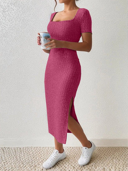 Summer Square Neck, Hip-Hugging Mid-Length Skirt, Short-Sleeved, Versatile Knitted Slit Dress