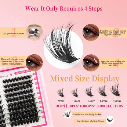 ANLINNET 300 pcs eyelash Cluster Lashes Kit Fluffy Individual Lashes Volume Mixed