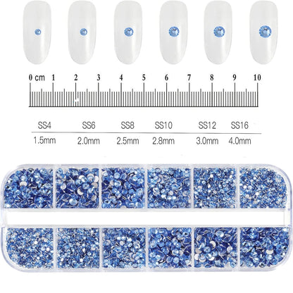 12Grids SS6-SS30 Mixed Nail Rhinestones Shiny Clear/Gold/Pink/Blue Diamond Flat-back Nail Gems Glass Stones Nails Decoration