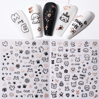 2Pcs Cartoon Cute Cat Nail Childlike Stickers Holographic Love Heart Bronzing Star Sliders Silver Chrome Nail Art Manicure Decor