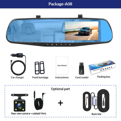 Dashcam 4.3 Inch Mirror FHD 1080P Camera Dual Lens