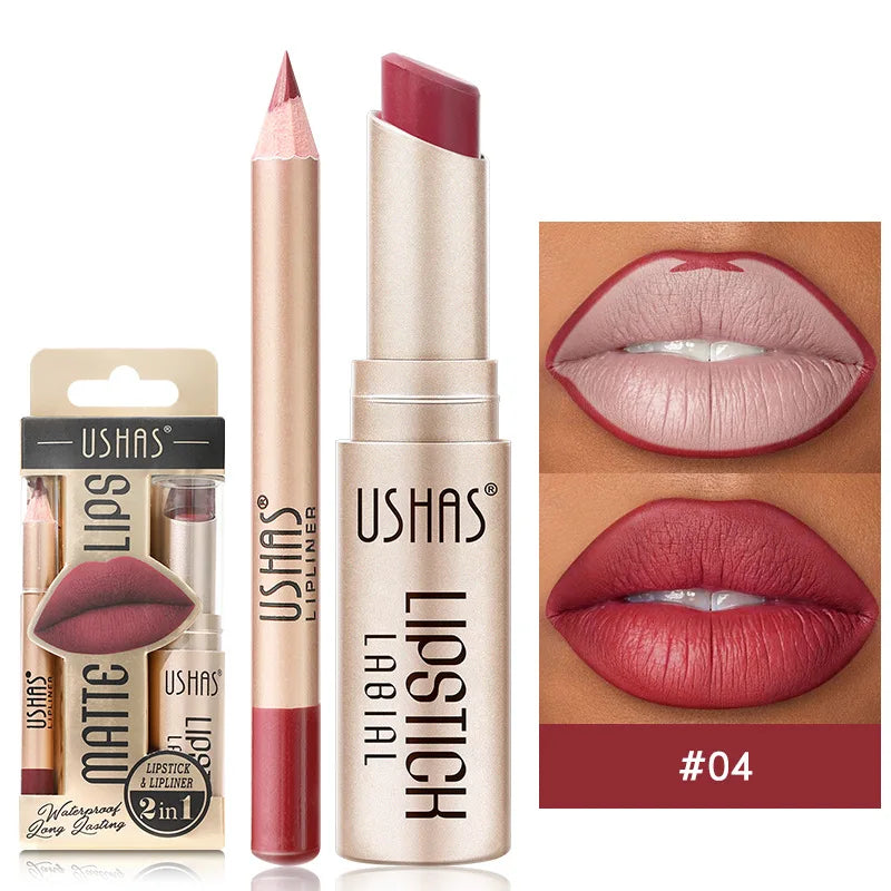 USHAS 12 Color Lip Liner + LIPSTICK Set Easy Coloring Matte Lipstick Long lasting nude red lipstick