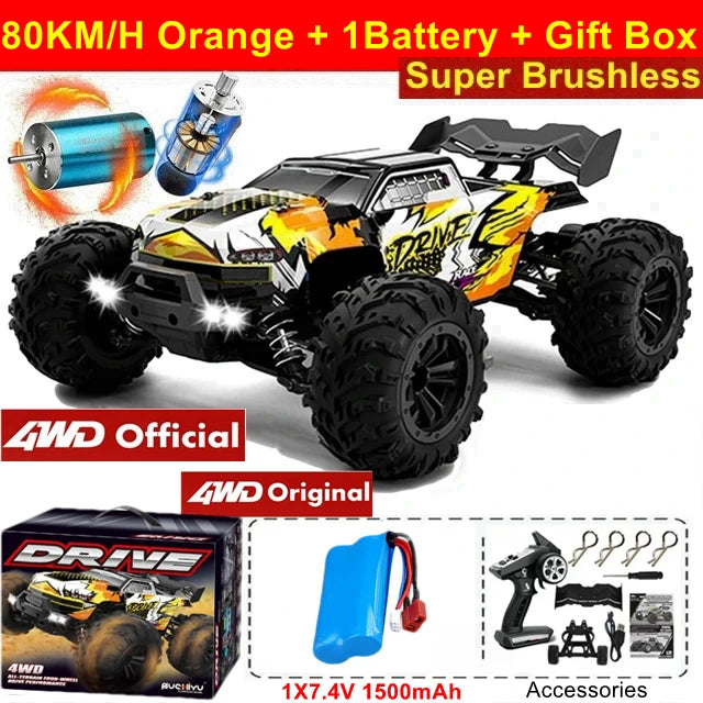 1:16 80km/h Brushless RC Drift Car With LED Lights 4WD Electric High Speed Racing Remote Control Monster Truck for Kids Adults