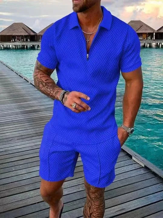 2022 New Summer Men's Shorts Set Short Sleeve Zip Polo Shirt Street