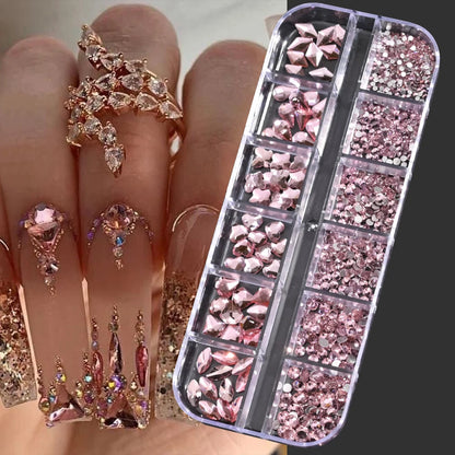 12Grids SS6-SS30 Mixed Nail Rhinestones Shiny Clear/Gold/Pink/Blue Diamond Flat-back Nail Gems Glass Stones Nails Decoration
