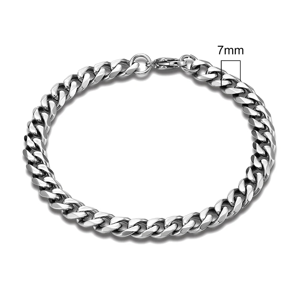 3-11mm Locomotive Men Punk Rock Stainless Steel Curb Cuban Link Chain Silver Color Bracelet For Women Biker Jewelry