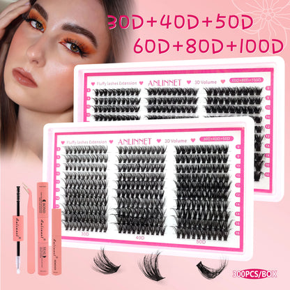 ANLINNET 300 pcs eyelash Cluster Lashes Kit Fluffy Individual Lashes Volume Mixed