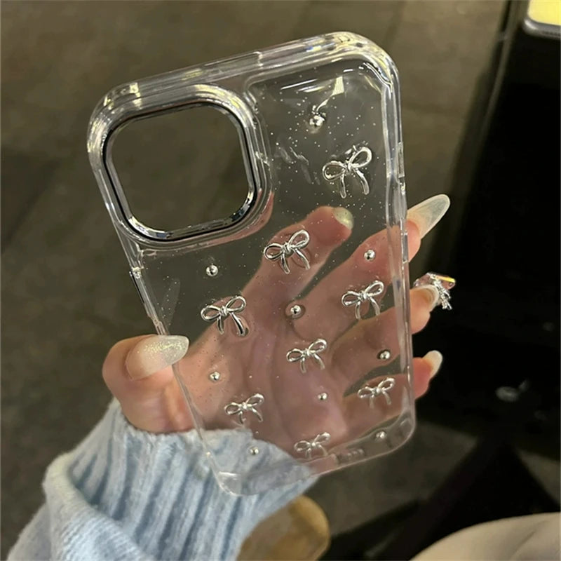 INS Japan Korea Silver Bowknot Phone Case For iPhone 15 16 14 13 12 11 Pro Max X XS XR 7 8 Plus Girl Epoxy Clear Glitter Cover