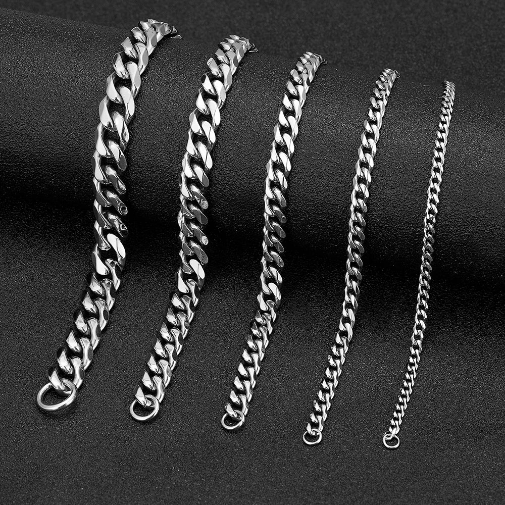 3-11mm Locomotive Men Punk Rock Stainless Steel Curb Cuban Link Chain Silver Color Bracelet For Women Biker Jewelry