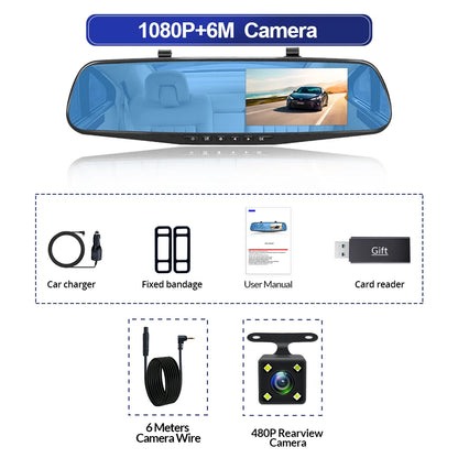 Dashcam 4.3 Inch Mirror FHD 1080P Camera Dual Lens