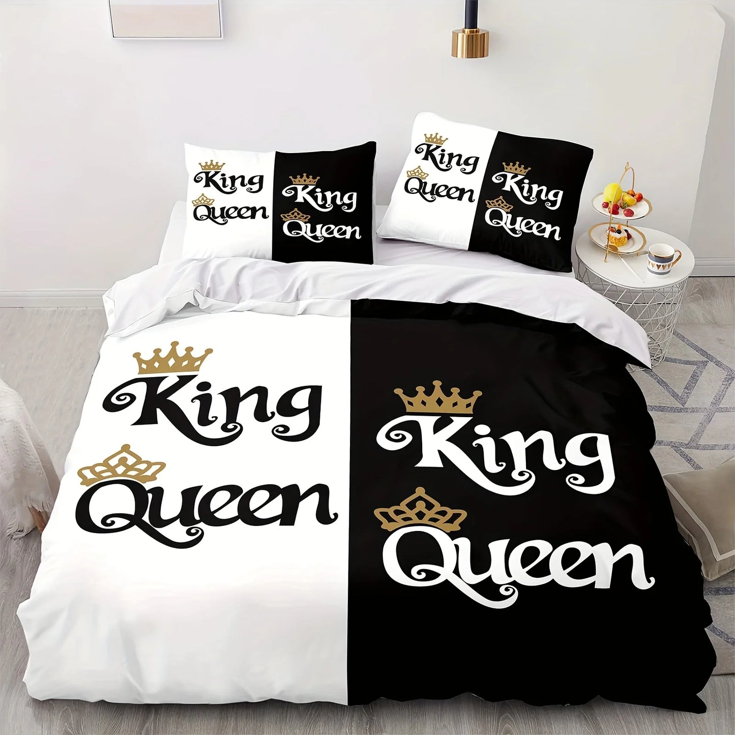 Three-piece set (1 duvet cover + 2 pillowcases, coreless), black and white couple king and queen element print bedding set