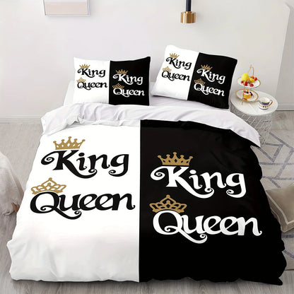 Three-piece set (1 duvet cover + 2 pillowcases, coreless), black and white couple king and queen element print bedding set