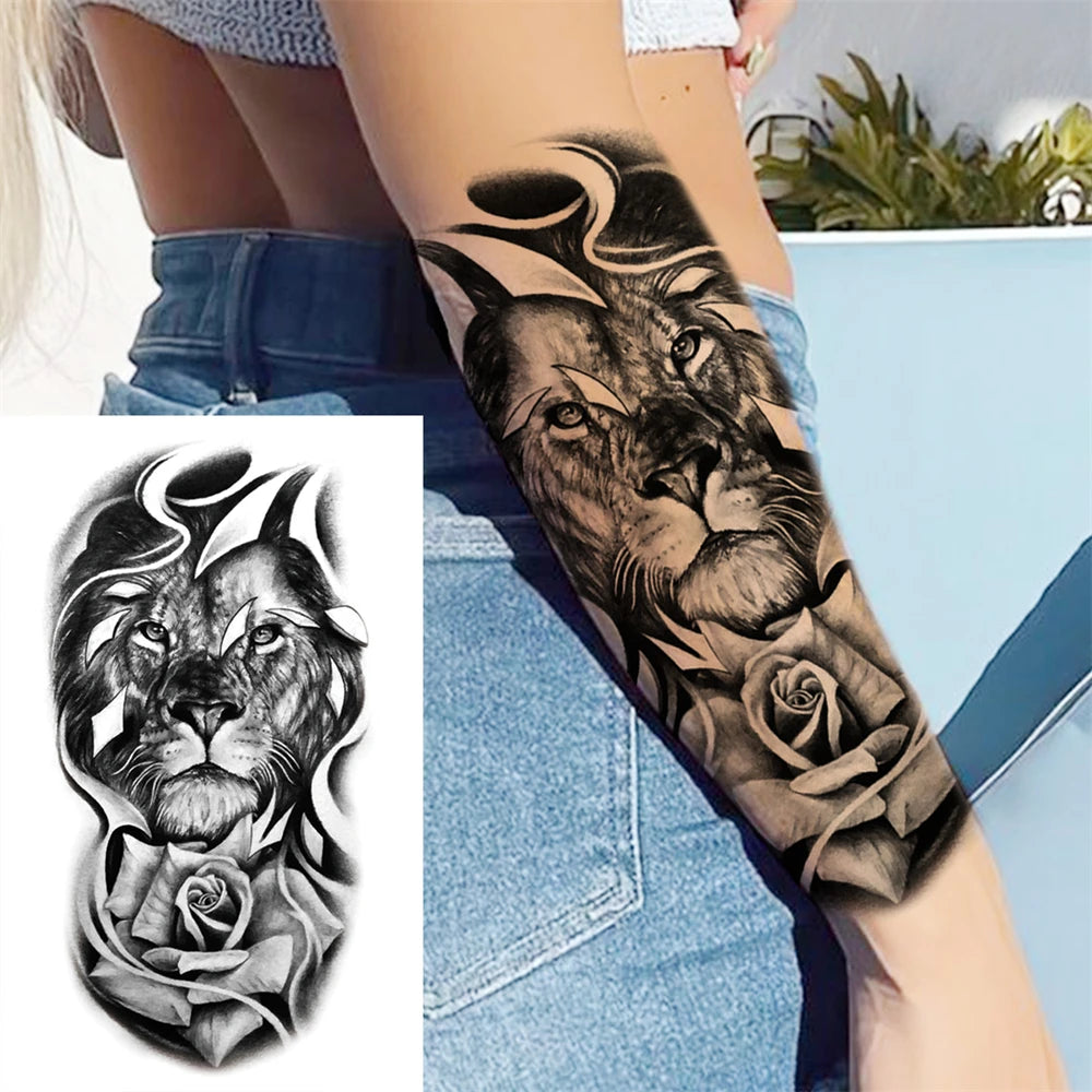 Full Arm Temporary Tattoos Sleeve For Men Women Realistic Fake Tatoos Warrior Lion Tiger Flower Tatoo Sticker Black Totem Maori