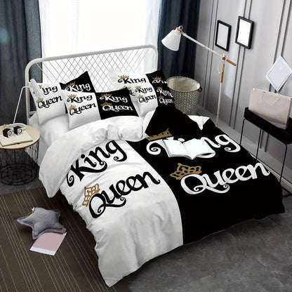 Three-piece set (1 duvet cover + 2 pillowcases, coreless), black and white couple king and queen element print bedding set