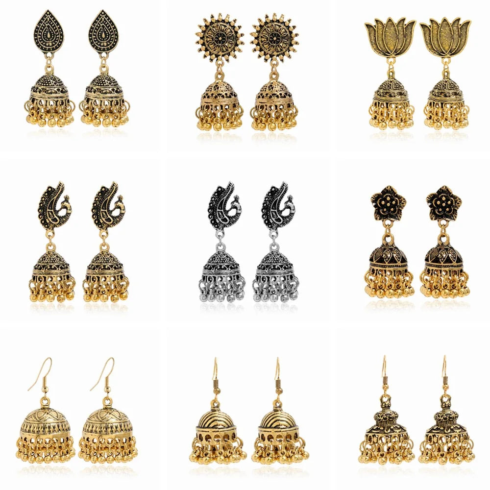 New Fashion Ethnic Style Alloy Retro Carved Beads Tassels Earrings Indian Jhumka