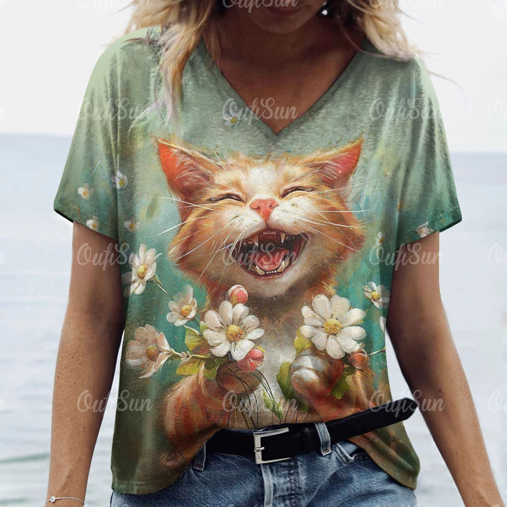 Summer Women's T Shirt Cat Print Casual Short Sleeve 3d T-Shirts