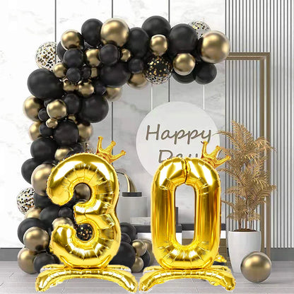 32 Inch Gold Number Stand Foil Balloons with Crown Digital Figures Globos 0-9 Birthday Party