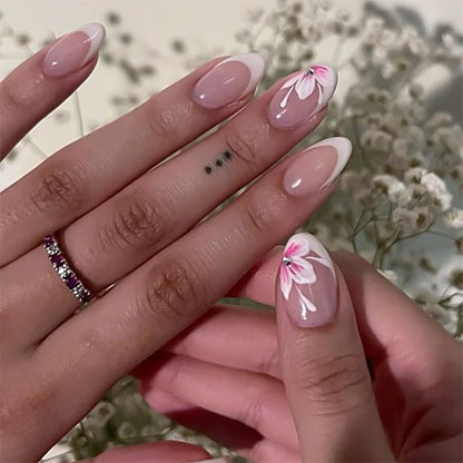 24pcs White Flower Fake Nail Tips Ins Yellow Pink Blush False Nails Wearable Full Cover European Almond Shaped Press on Nails