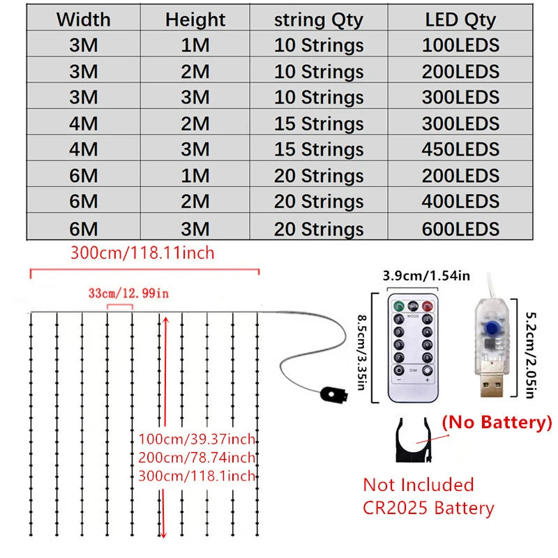 USB Curtain LED String Lights 3/4/6M Remote