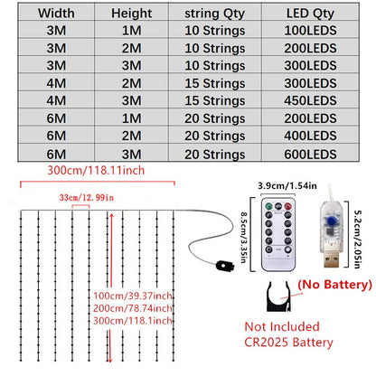 USB Curtain LED String Lights 3/4/6M Remote