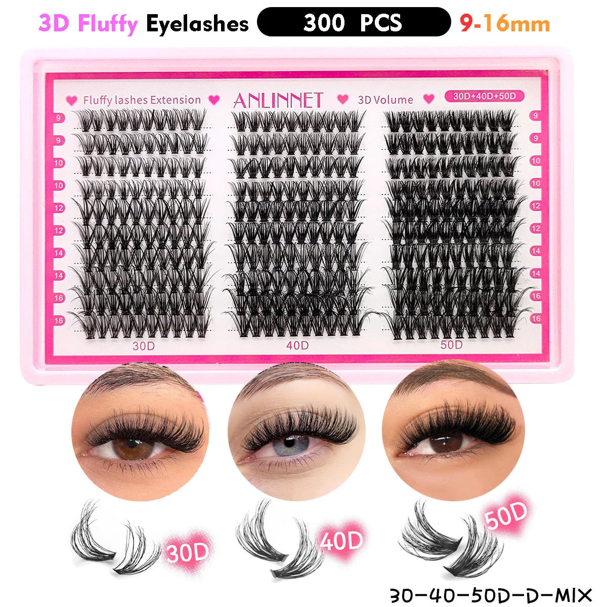 ANLINNET 300 pcs eyelash Cluster Lashes Kit Fluffy Individual Lashes Volume Mixed