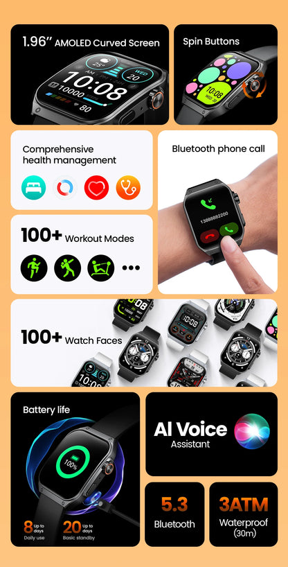 HAYLOU Watch S8 Smart Watch 1.96'' AMOLED Curved Screen Smartwatch Bluetooth Call AI Vioce Assistant Smartwatches for Men