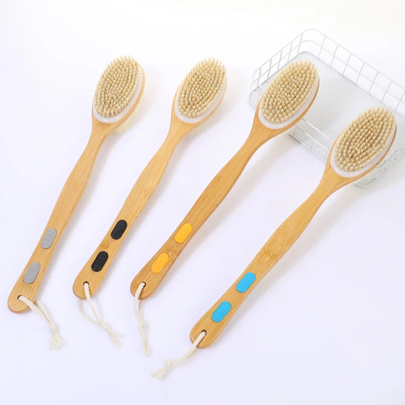 Shower brush with soft and hard bristles, double sided long handle, back scrub body exfoliator