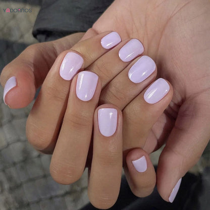 Light Purple Press on Nails Short Square Stick-on Fake Nails Solid Color Reusable False Nail Tips for Women DIY Manicure 24Pcs