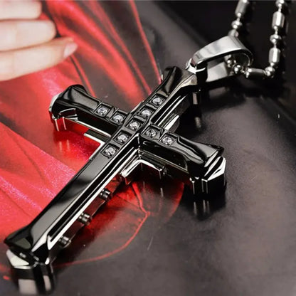 2025 New Male Crystal Cross Jesus Pendant Gold/Black/Blue Color Zirconia Cross Pendant Necklace Stainless Steel Jewelry