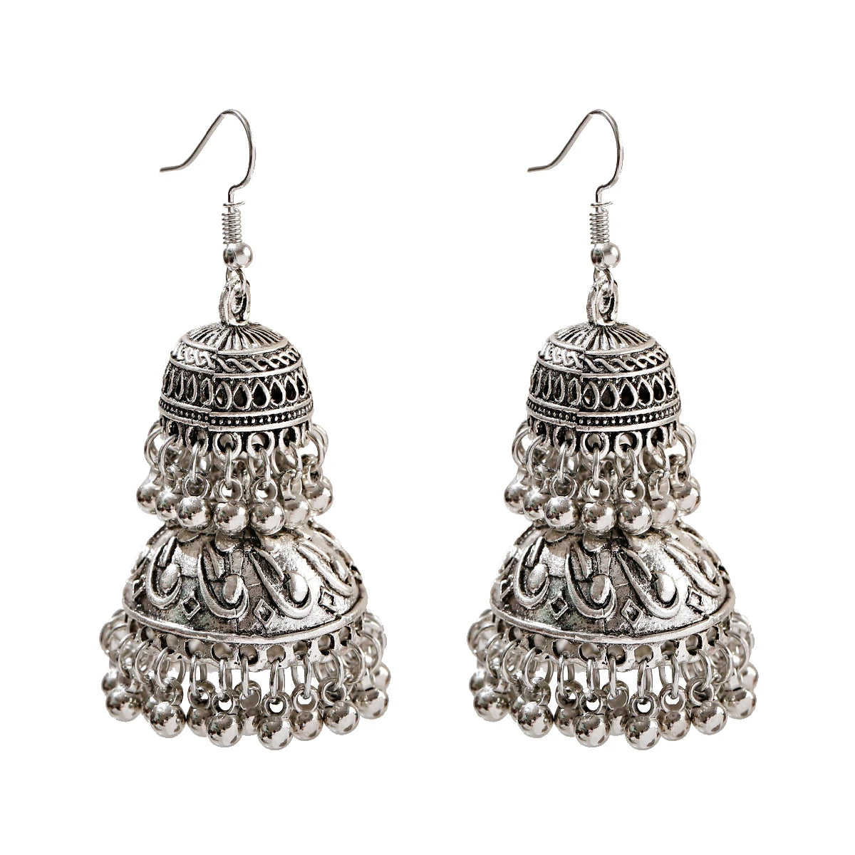 Indian Women's Silver Color Beads Tassel Jhumka Earrings