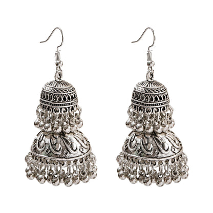 Indian Women's Silver Color Beads Tassel Jhumka Earrings