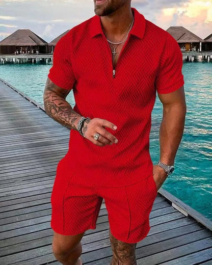 2022 New Summer Men's Shorts Set Short Sleeve Zip Polo Shirt Street