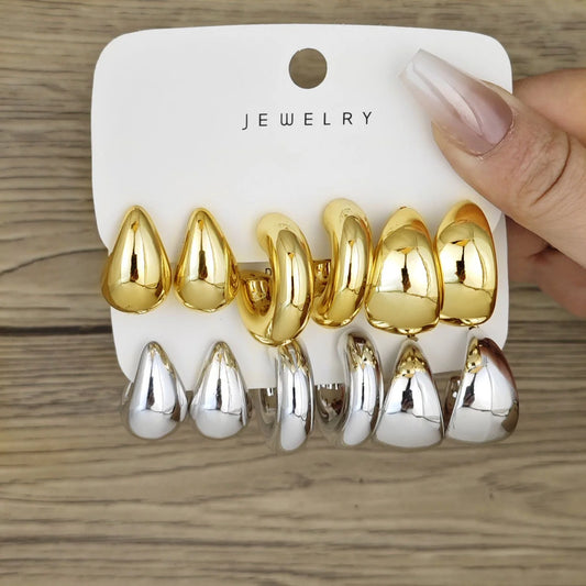 6pcs Chunky Gold Plated Waterdrop Hoop Earring Set For Women