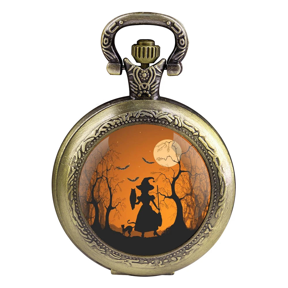 Halloween Witch Glass Dome Black Quartz Pocket Watch with Arabic Numerals Dial and Durable Chain Gift for Men Women