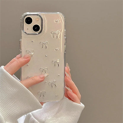 INS Japan Korea Silver Bowknot Phone Case For iPhone 15 16 14 13 12 11 Pro Max X XS XR 7 8 Plus Girl Epoxy Clear Glitter Cover