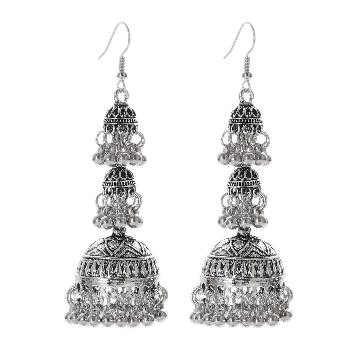 Indian Women's Silver Color Beads Tassel Jhumka Earrings