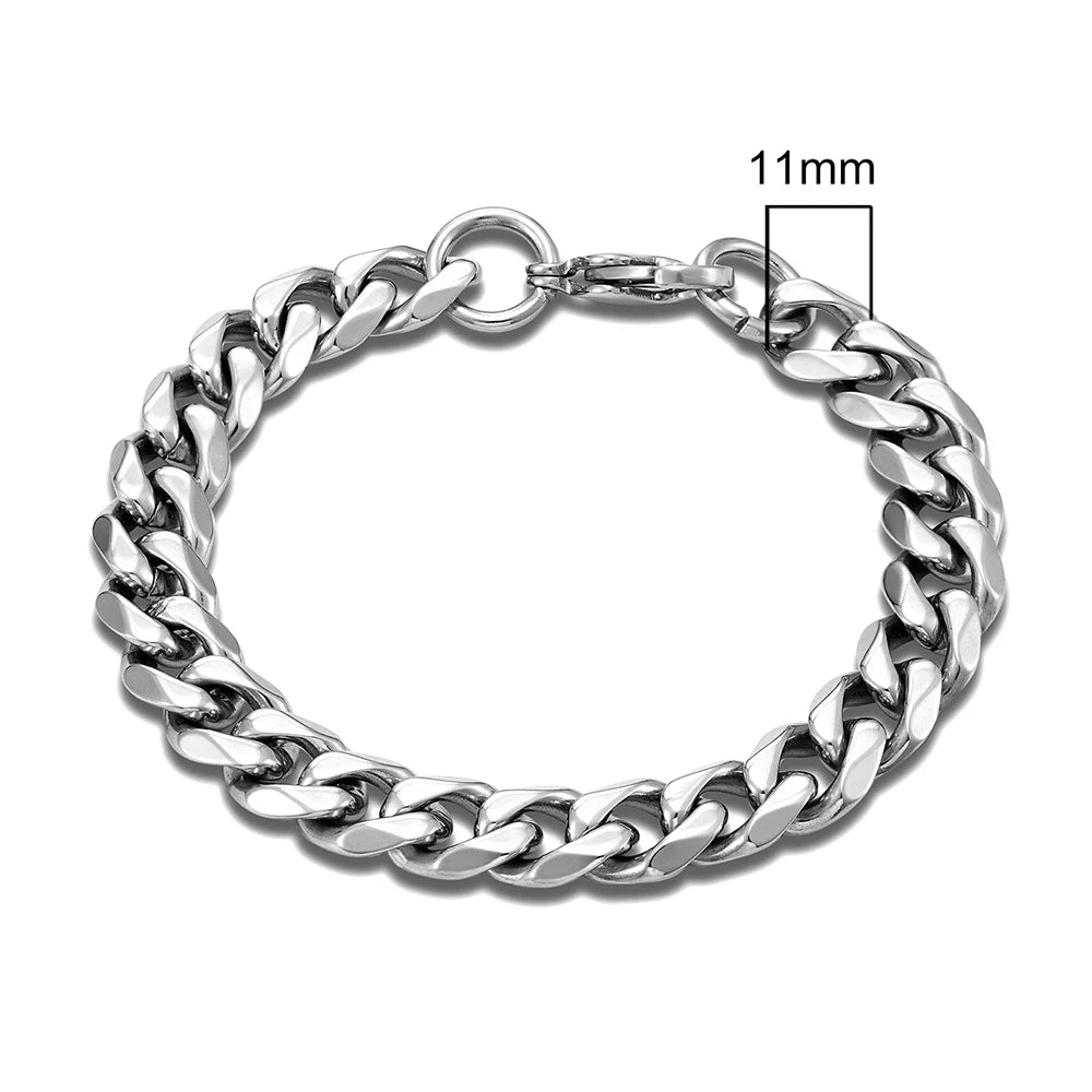 3-11mm Locomotive Men Punk Rock Stainless Steel Curb Cuban Link Chain Silver Color Bracelet For Women Biker Jewelry