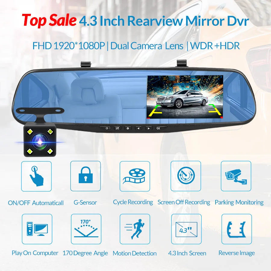 Dashcam 4.3 Inch Mirror FHD 1080P Camera Dual Lens