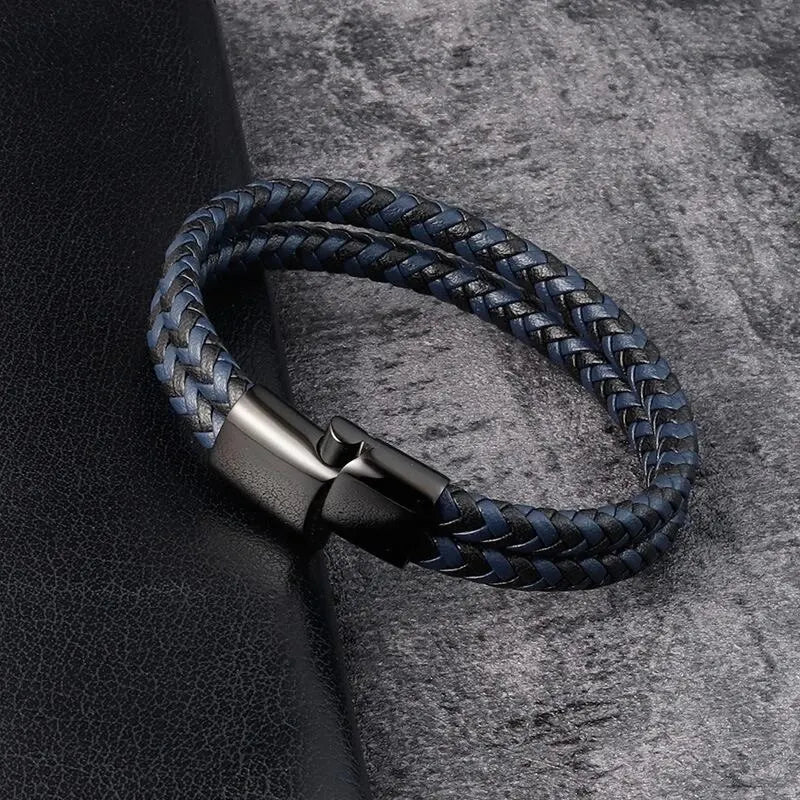 Men Black Blue Braided Genuine Leather Bracelet Double Band Bangle