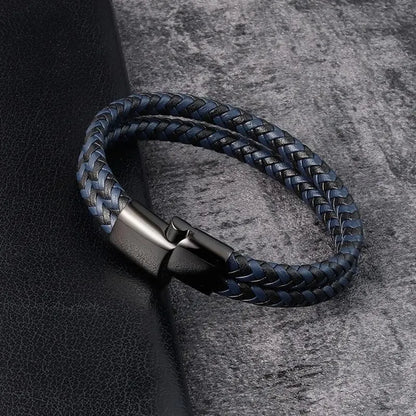 Men Black Blue Braided Genuine Leather Bracelet Double Band Bangle