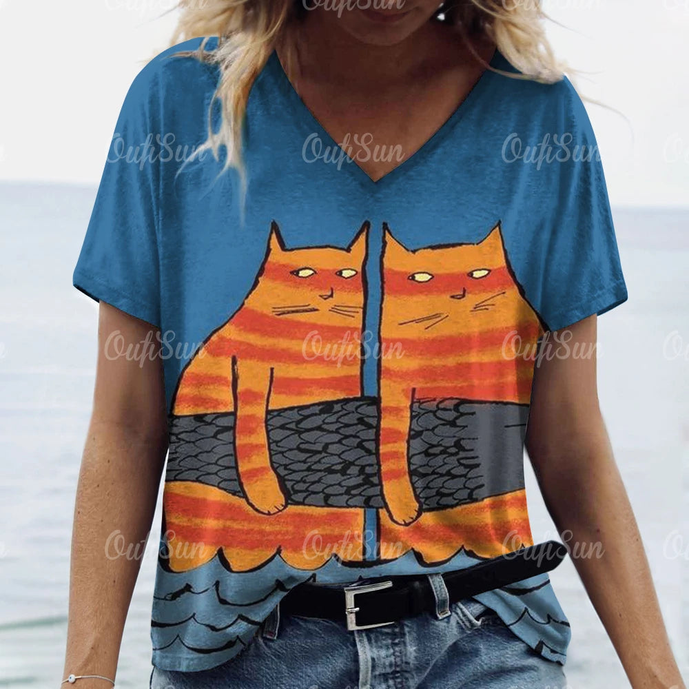 Summer Women's T Shirt Cat Print Casual Short Sleeve 3d T-Shirts