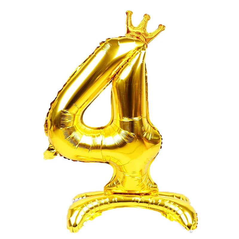 32 Inch Gold Number Stand Foil Balloons with Crown Digital Figures Globos 0-9 Birthday Party