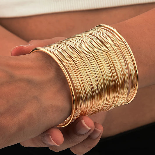 Vintage Hyperbolic Layered Gold Plated Wide Wire Bracelet Cuff Bangle for Women