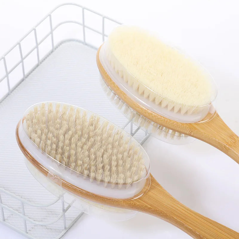 Shower brush with soft and hard bristles, double sided long handle, back scrub body exfoliator