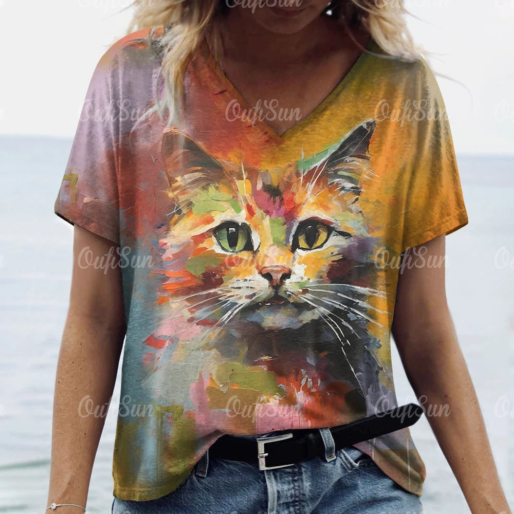 Summer Women's T Shirt Cat Print Casual Short Sleeve 3d T-Shirts