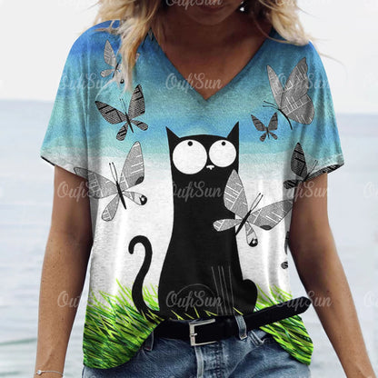 Summer Women's T Shirt Cat Print Casual Short Sleeve 3d T-Shirts