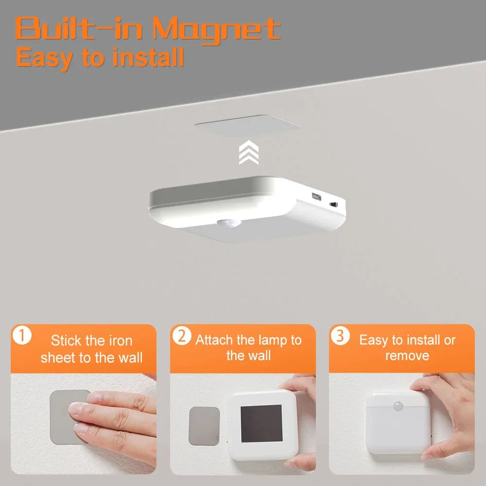 Night Light LED Motion Sensor Light USB TYPE C Charging Square Lamp for Bedroom Kitchen Stair Hallway Wardrobe Cupboard Lighting